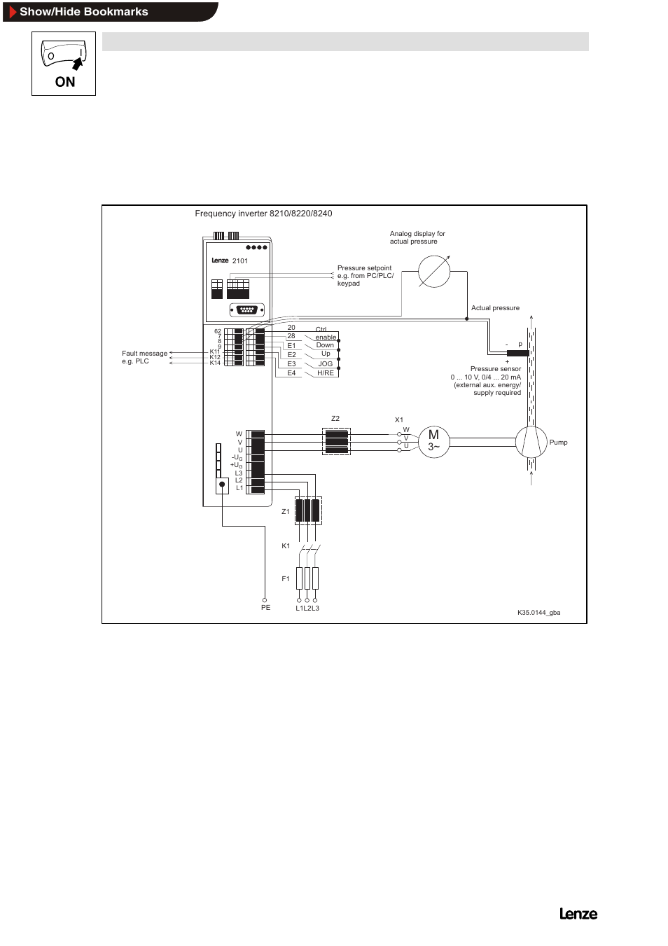 5 application examples for pid controllers, 1 pump application with pressure control, Application examples for pid controllers | Pump application with pressure control, Commissioning, Show/hide bookmarks | Lenze 8200 Frequency inverters User Manual | Page 123 / 311
