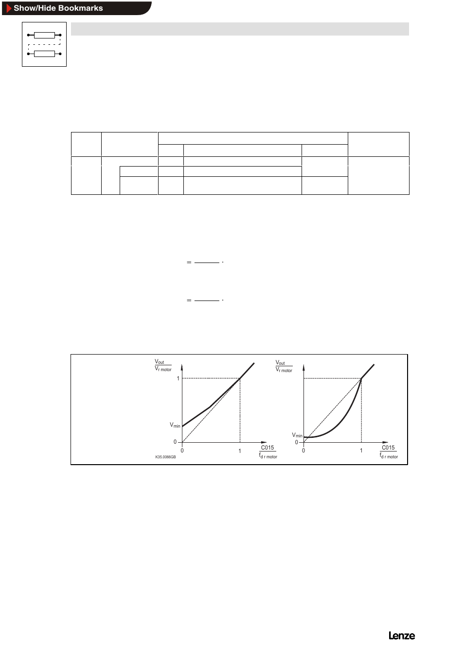 6 v/ f characteristic, 1 v/ f-rated frequency fdr, V/f characteristic | V/f-rated frequency fdr, Configuration | Lenze 8200 Frequency inverters User Manual | Page 159 / 311