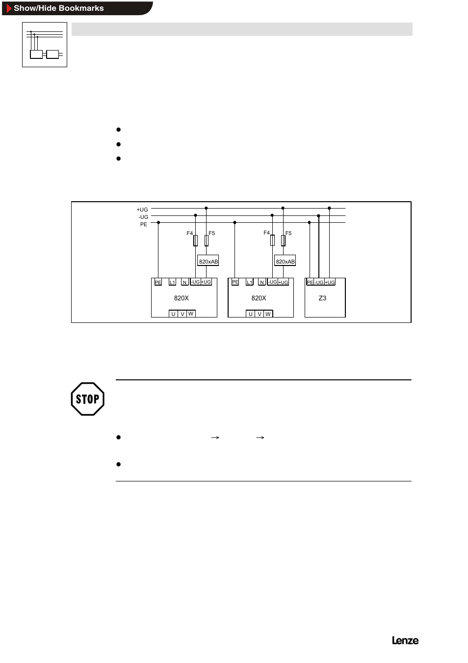 4 central supply, 1 central supply of 820x, Central supply | Central supply of 820x, Network of several drives, Stop | Lenze 8200 Frequency inverters User Manual | Page 257 / 311