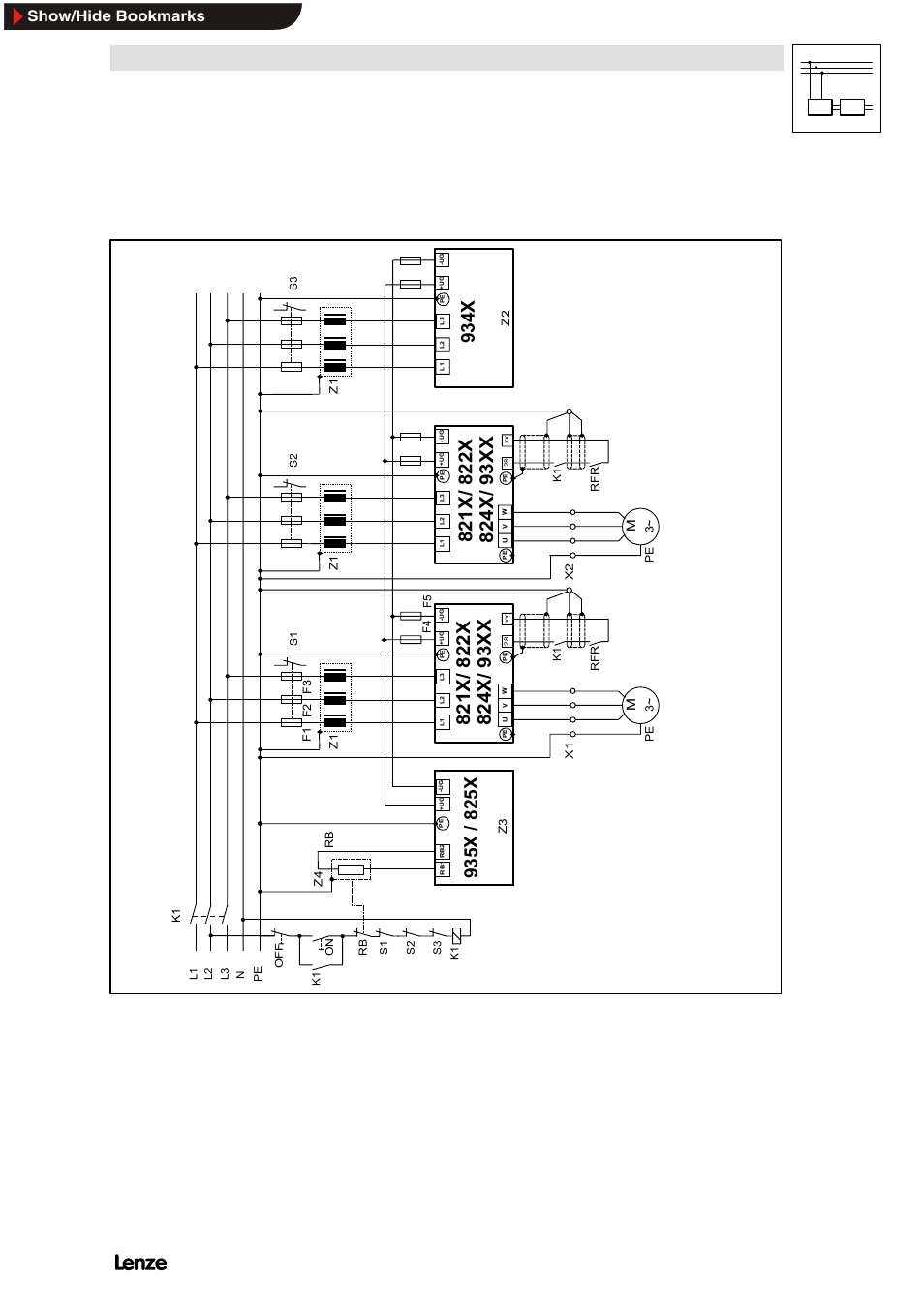 2 central supply for 821x/ 822x/ 824x/ 93xx/ 934x, Central supply for 821x/822x/824x/93xx/934x, Network of several drives | 934x, Show/hide bookmarks | Lenze 8200 Frequency inverters User Manual | Page 260 / 311