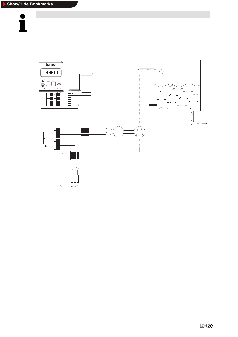 2 pump application with level control, Pump application with level control, Application examples | Show/hide bookmarks | Lenze 8200 Frequency inverters User Manual | Page 283 / 311