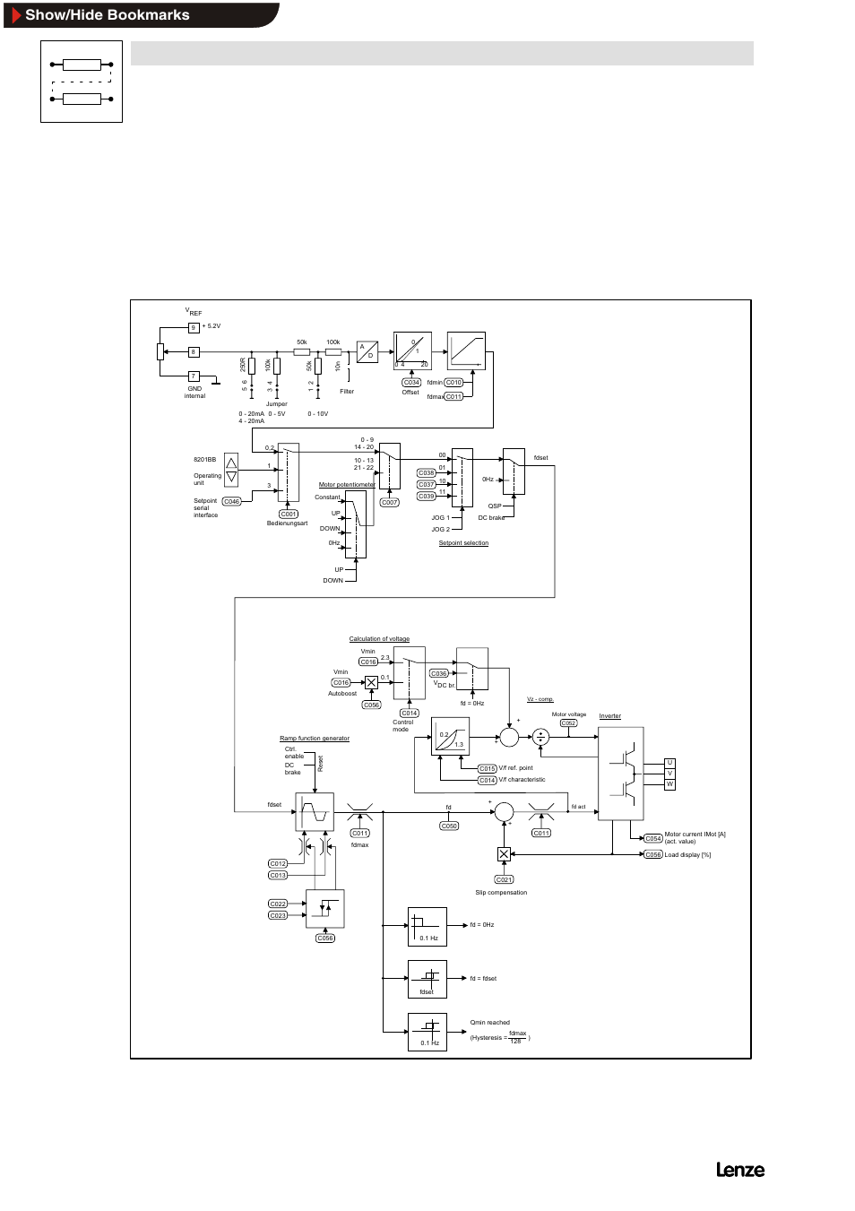1 signal-flow chart for types 820x, 1 control structure, Signal-flow chart for types 820x | Control structure, Signal flow charts, Show/hide bookmarks | Lenze 8200 Frequency inverters User Manual | Page 293 / 311