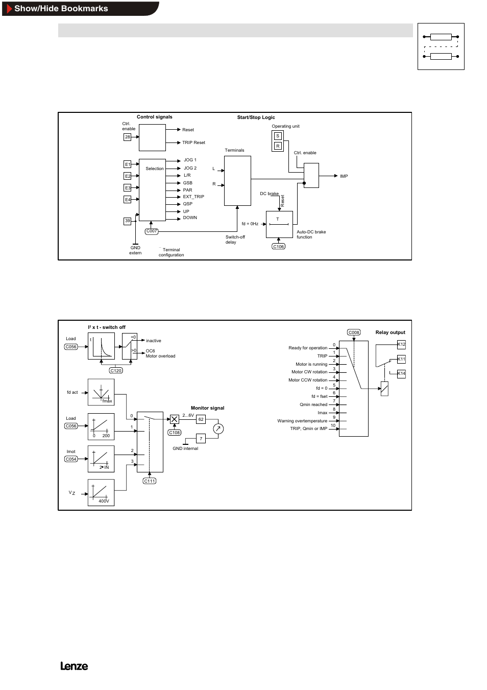 2 inverter control, 3 monitorings, Inverter control | Monitorings, Signal flow charts, Show/hide bookmarks | Lenze 8200 Frequency inverters User Manual | Page 294 / 311
