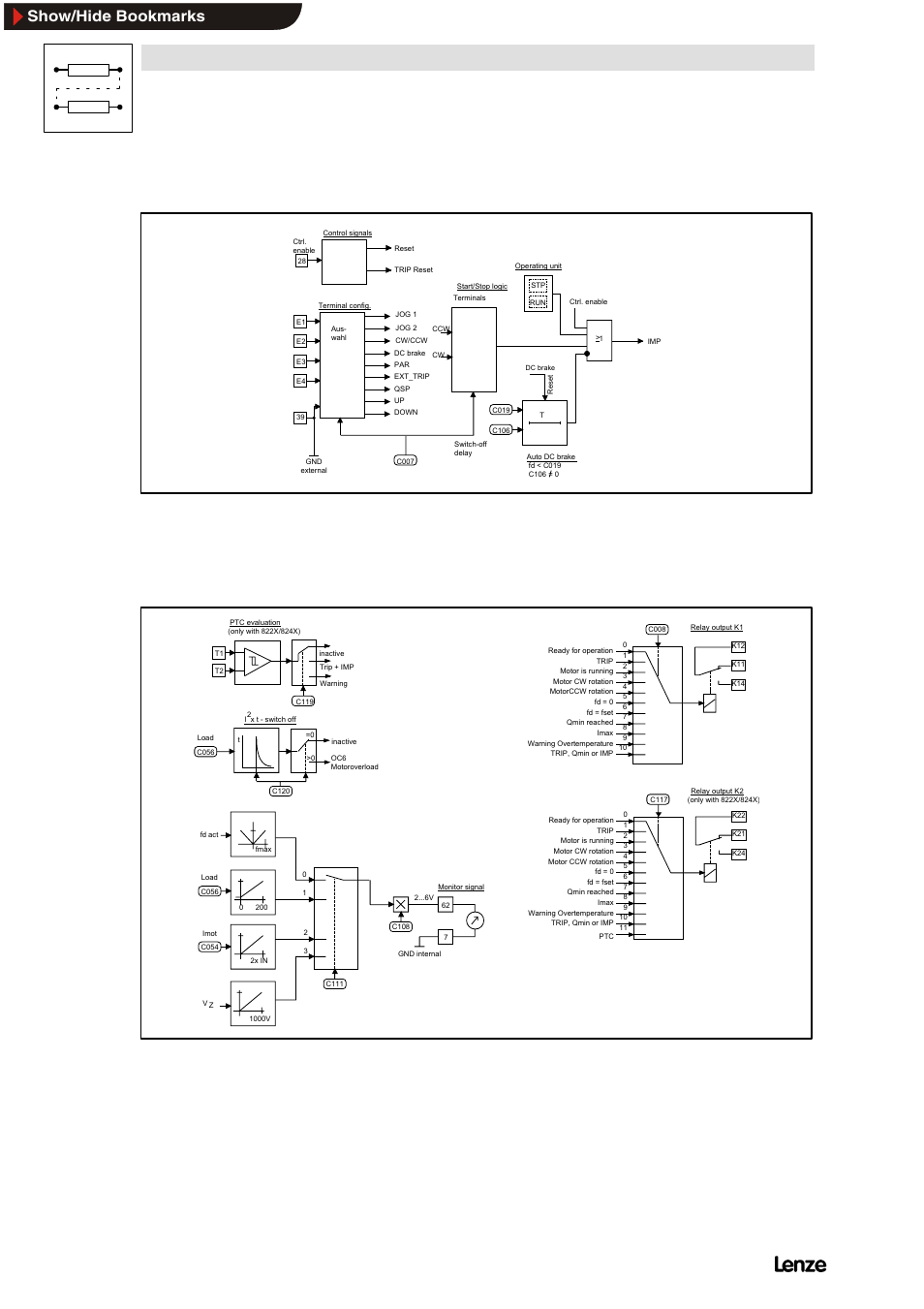 3 inverter control, 4 monitorings, Inverter control | Monitorings, Signal flow charts, Show/hide bookmarks | Lenze 8200 Frequency inverters User Manual | Page 297 / 311