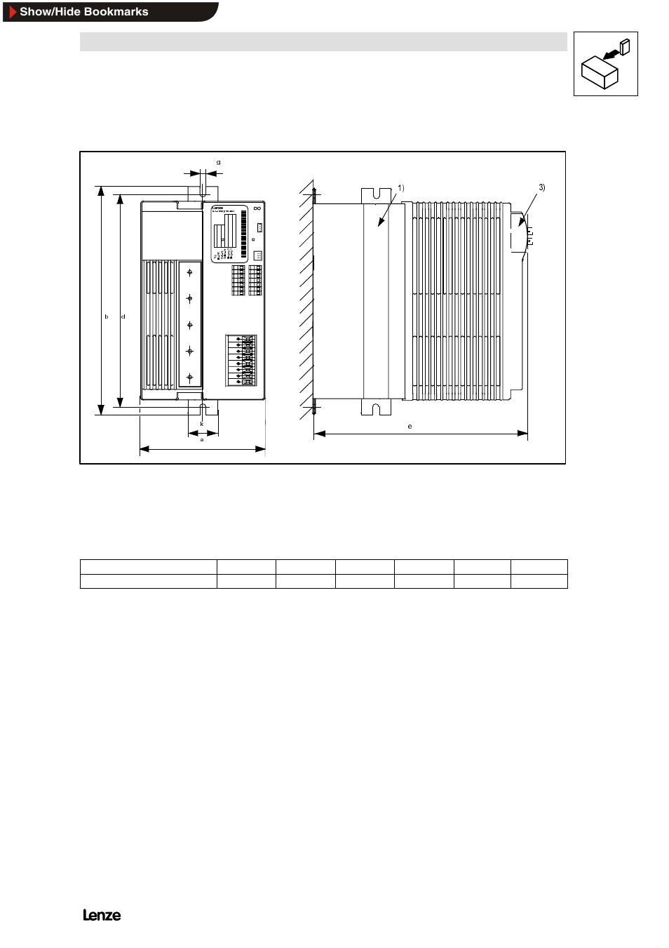 4 types 8215 to 8218, Types 8215 to 8218, Installation | Show/hide bookmarks, Insert the fixing rail here for side assembly | Lenze 8200 Frequency inverters User Manual | Page 62 / 311