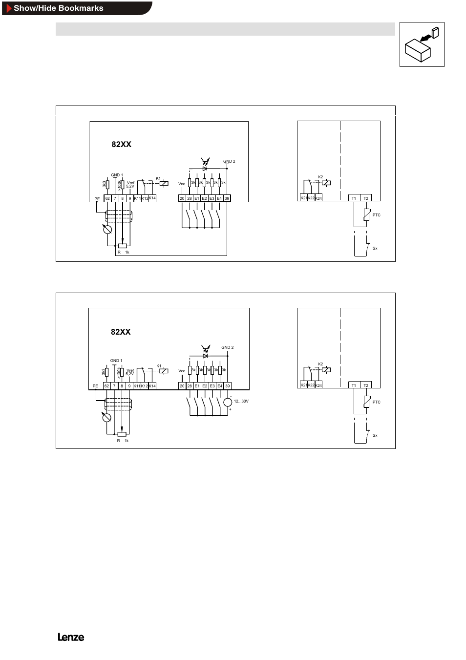 3 connection diagrams, Connection diagrams, Installation | 82xx, Show/hide bookmarks | Lenze 8200 Frequency inverters User Manual | Page 98 / 311