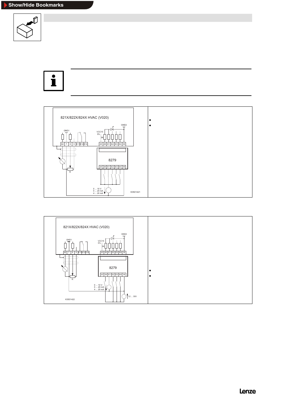 4 connection diagrams:analog plug-in module, Connection diagrams: analog plug-in module, Installation | Show/hide bookmarks, Plug the module on the controller | Lenze 8200 Frequency inverters User Manual | Page 99 / 311