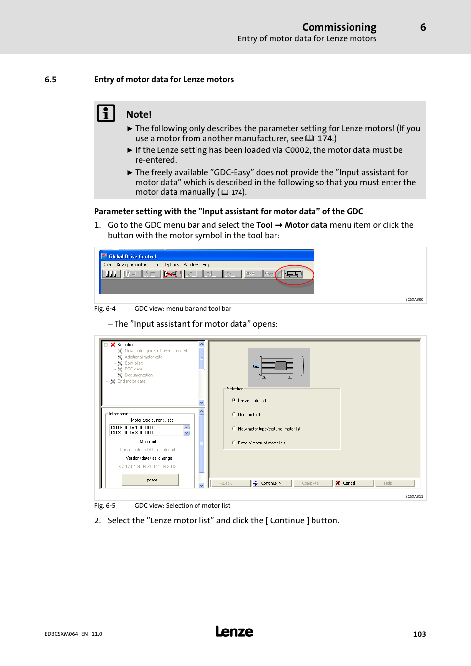 5 entry of motor data for lenze motors, Entry of motor data for lenze motors, Commissioning | Lenze ECSCMxxx User Manual | Page 103 / 375