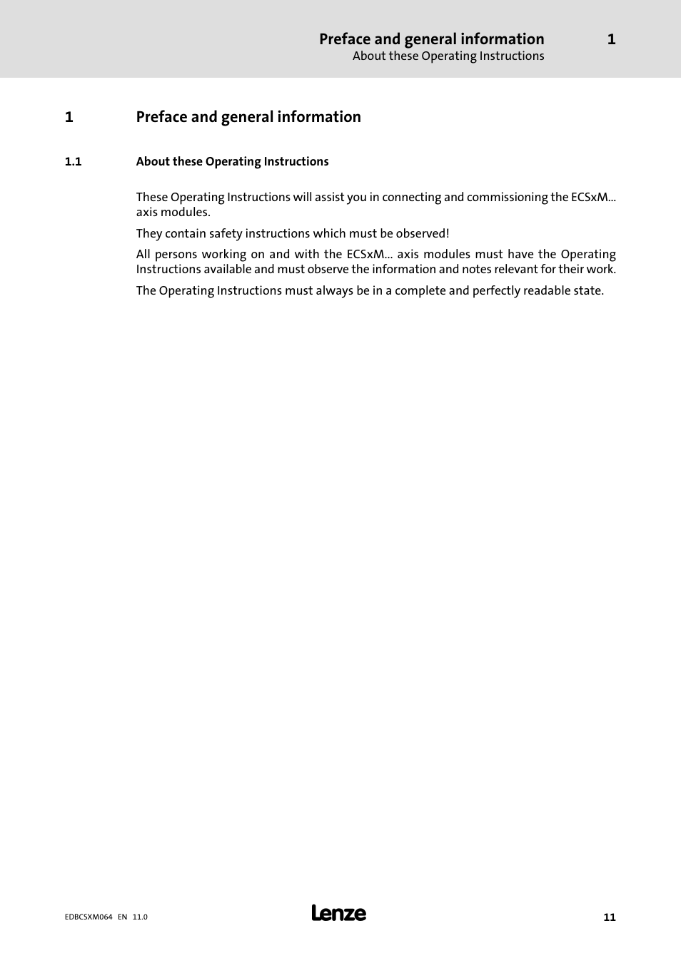 1 preface and general information, 1 about these operating instructions, Preface and general information | About these operating instructions | Lenze ECSCMxxx User Manual | Page 11 / 375