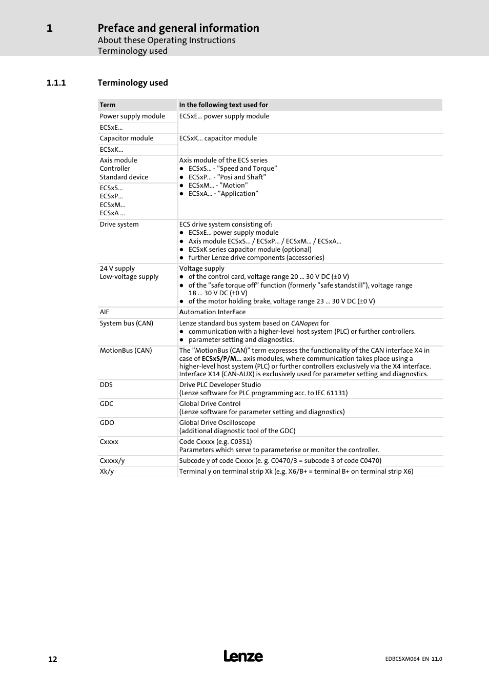 1 terminology used, Terminology used, Preface and general information | Lenze ECSCMxxx User Manual | Page 12 / 375