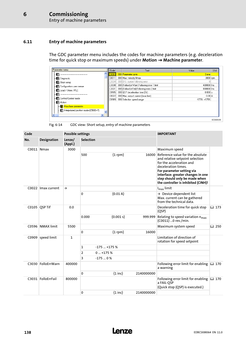 11 entry of machine parameters, Commissioning | Lenze ECSCMxxx User Manual | Page 138 / 375