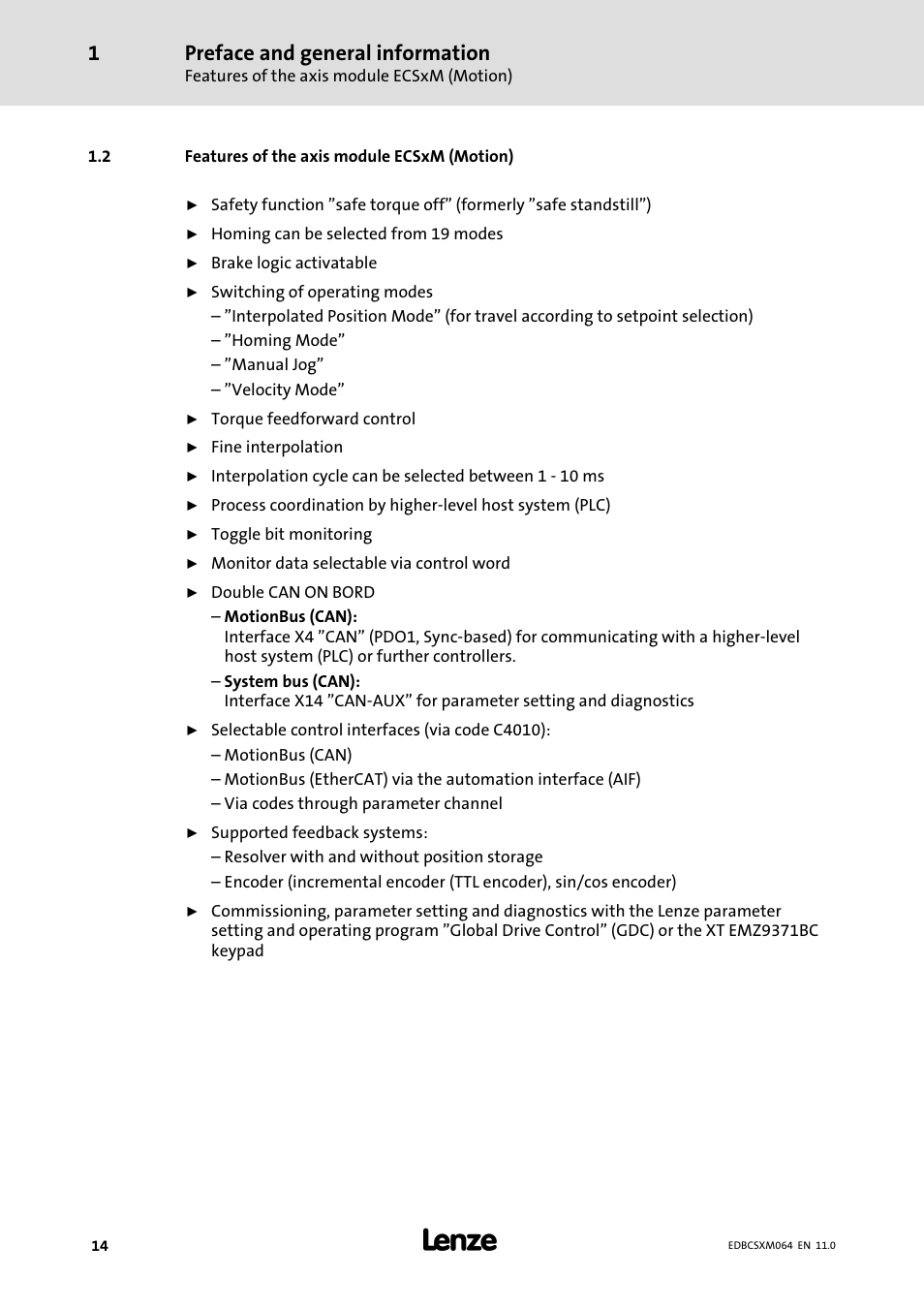 2 features of the axis module ecsxm (motion), Features of the axis module ecsxm (motion), Preface and general information | Lenze ECSCMxxx User Manual | Page 14 / 375