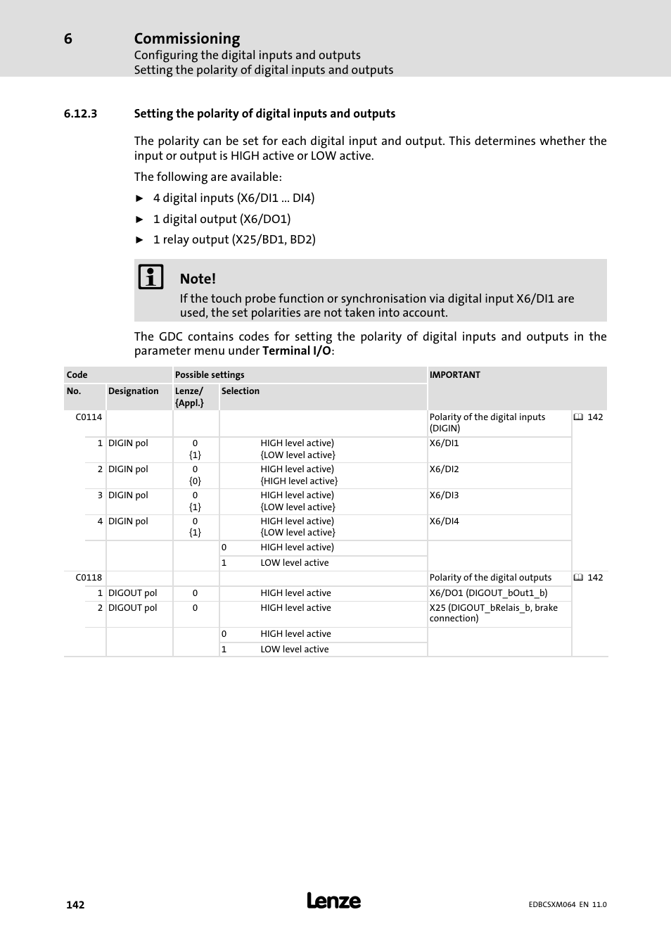 Setting the polarity of digital inputs and outputs, Commissioning | Lenze ECSCMxxx User Manual | Page 142 / 375