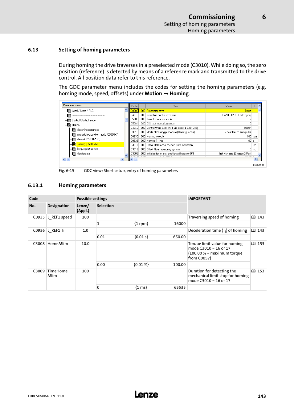 13 setting of homing parameters, 1 homing parameters, Homing parameters | Commissioning | Lenze ECSCMxxx User Manual | Page 143 / 375