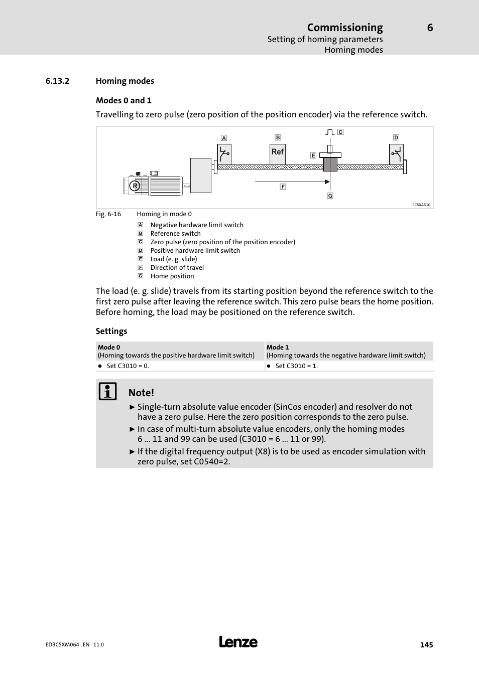 2 homing modes, Homing modes, Commissioning | Lenze ECSCMxxx User Manual | Page 145 / 375