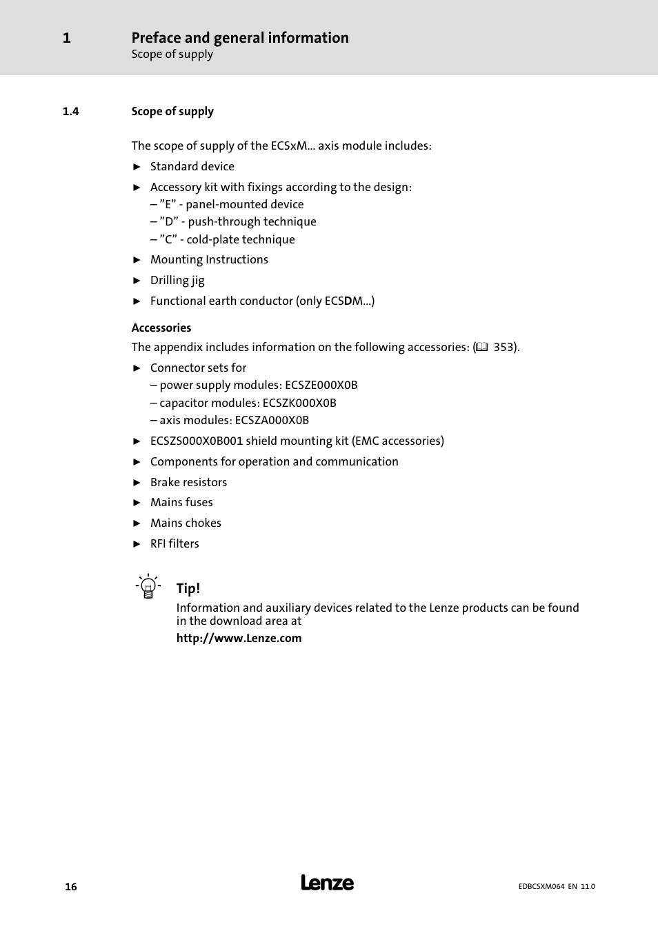 4 scope of supply, Scope of supply, Preface and general information | Lenze ECSCMxxx User Manual | Page 16 / 375