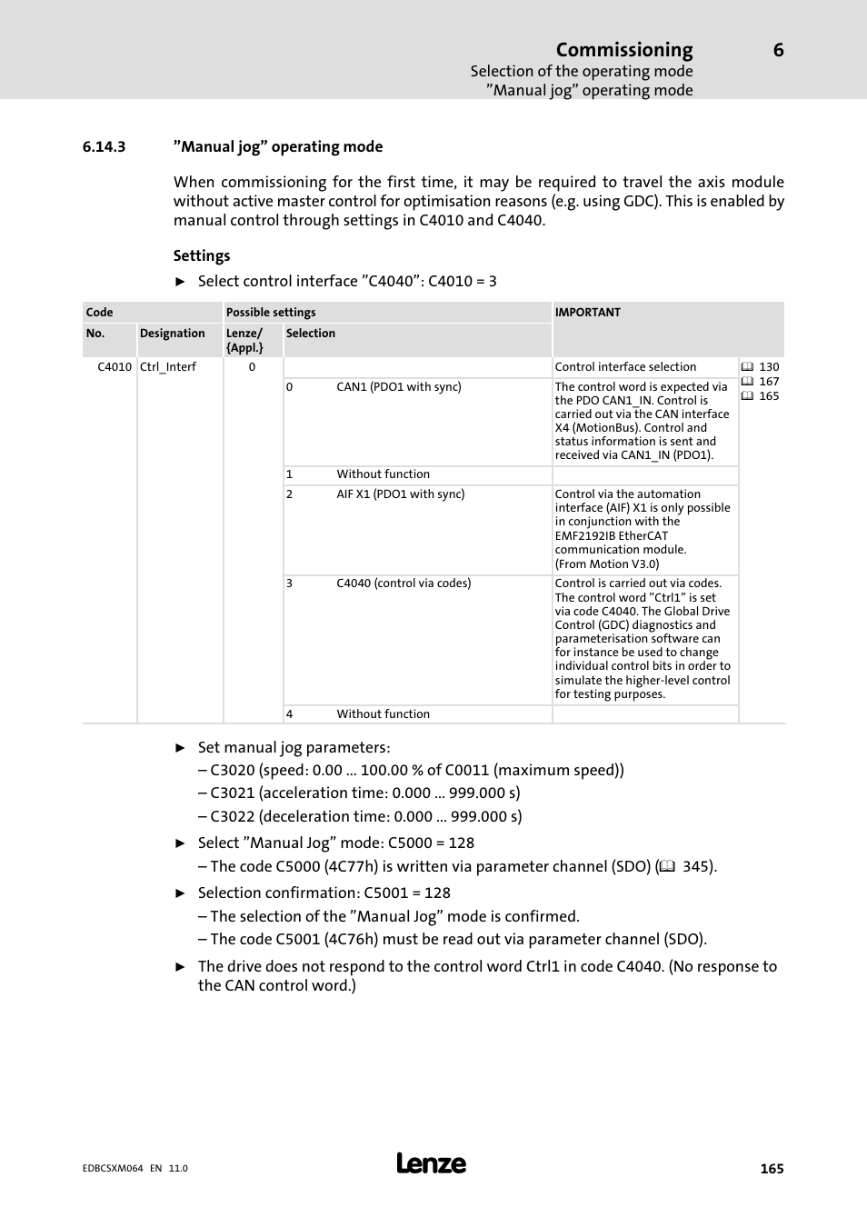 3 "manual jog" operating mode, Manual jog" operating mode, Commissioning | Lenze ECSCMxxx User Manual | Page 165 / 375