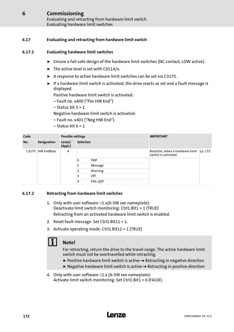 1 evaluating hardware limit switches, 2 retracting from hardware limit switches, Evaluating hardware limit switches | Retracting from hardware limit switches, Commissioning | Lenze ECSCMxxx User Manual | Page 172 / 375