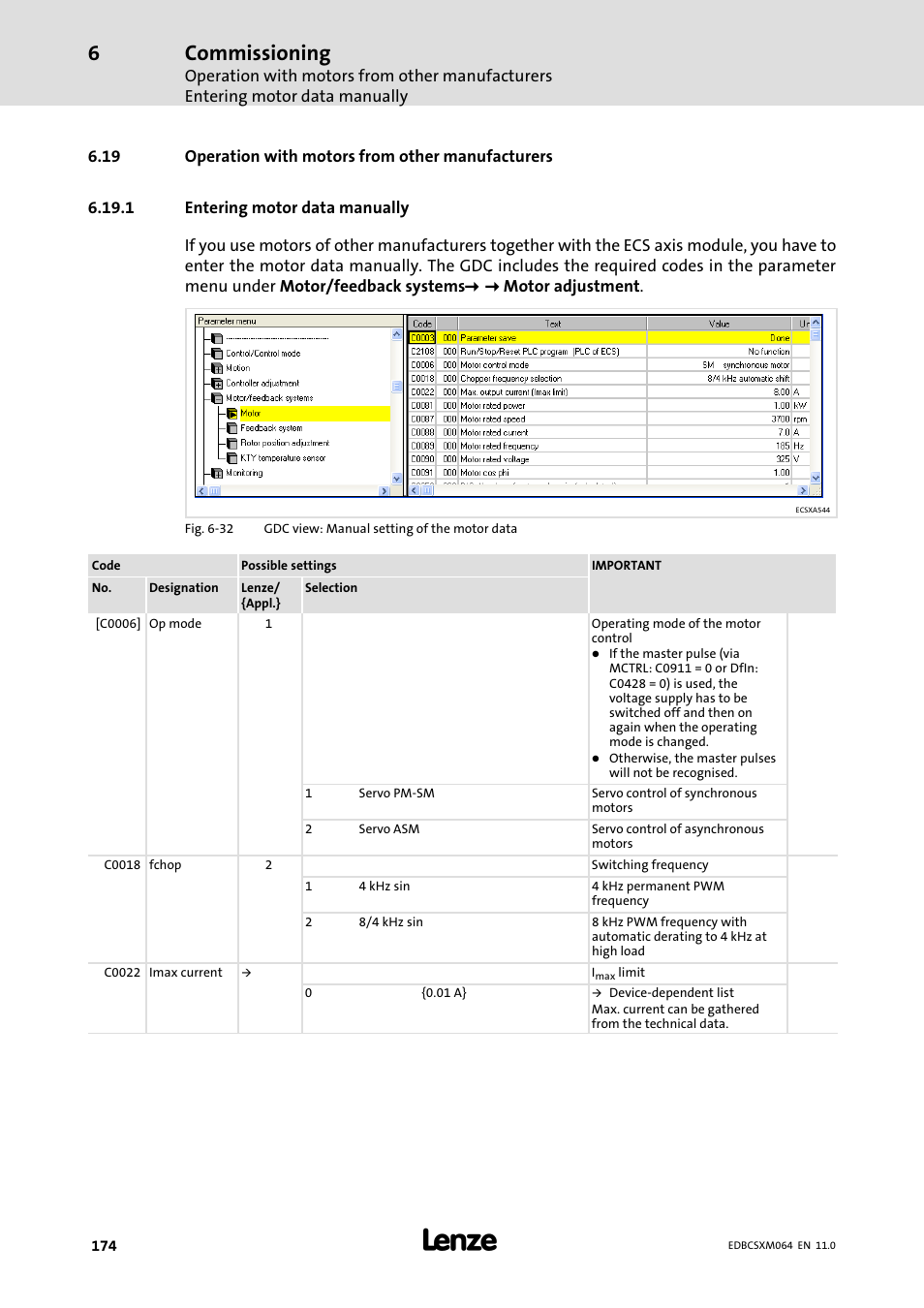 19 operation with motors from other manufacturers, 1 entering motor data manually, Entering motor data manually | Commissioning | Lenze ECSCMxxx User Manual | Page 174 / 375