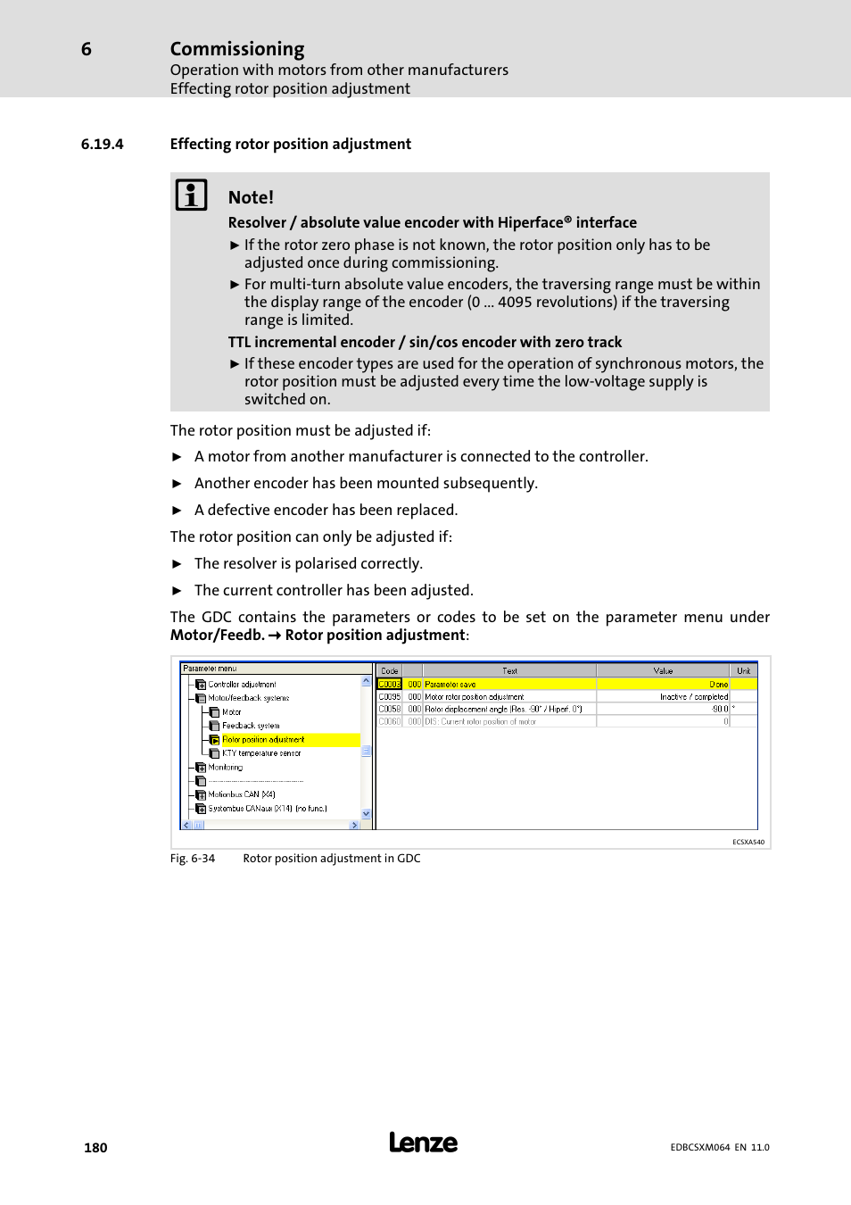 4 effecting rotor position adjustment, Effecting rotor position adjustment, Commissioning | Lenze ECSCMxxx User Manual | Page 180 / 375