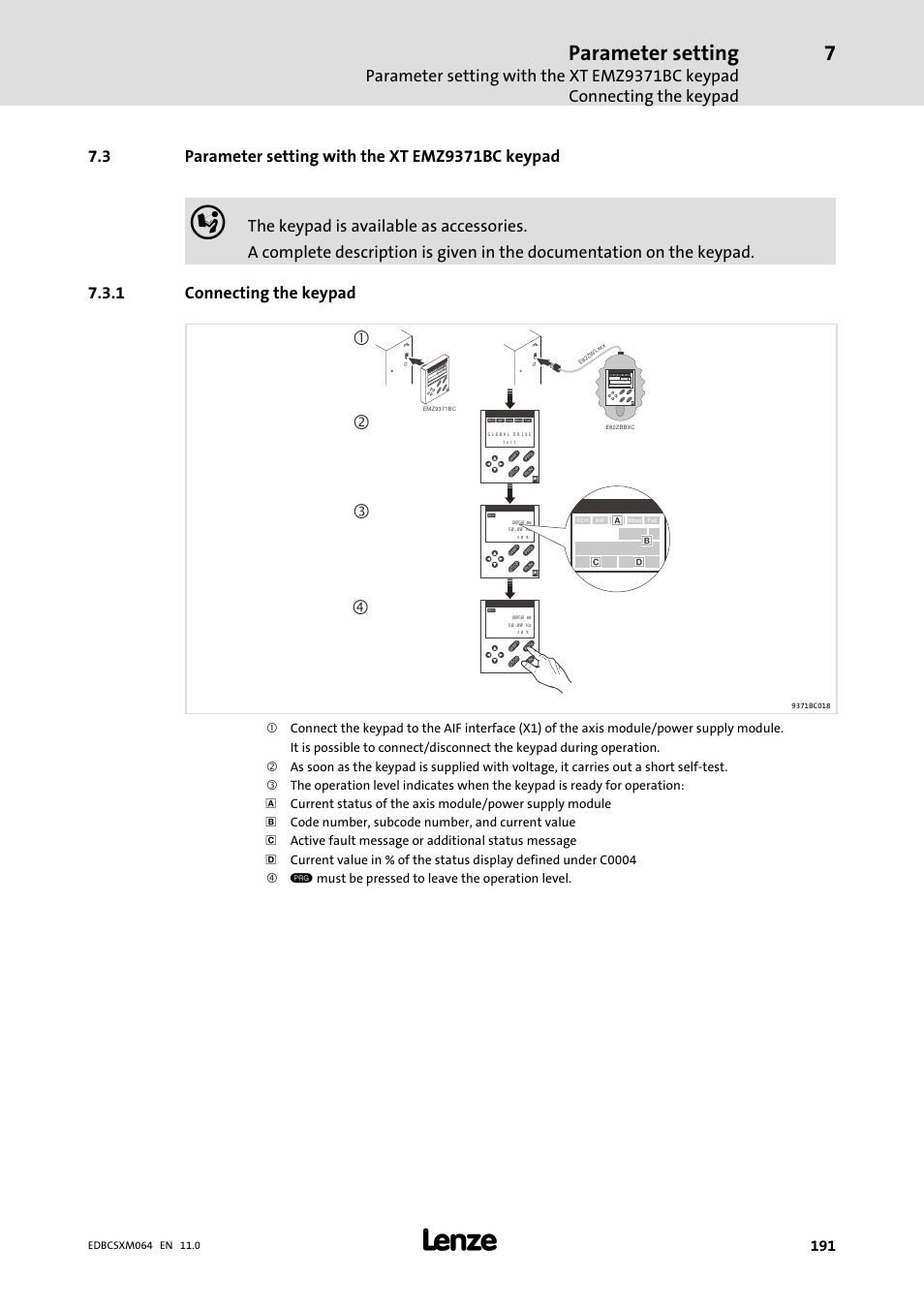 3 parameter setting with the xt emz9371bc keypad, 1 connecting the keypad, Parameter setting with the xt emz9371bc keypad | Connecting the keypad, Parameter setting, Pshprg par a cod e men u, Pshprg para code menu | Lenze ECSCMxxx User Manual | Page 191 / 375