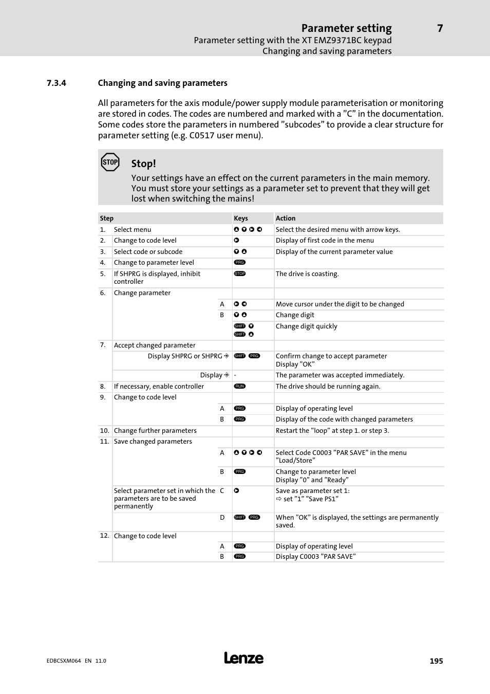 4 changing and saving parameters, Changing and saving parameters, Parameter setting | Stop | Lenze ECSCMxxx User Manual | Page 195 / 375