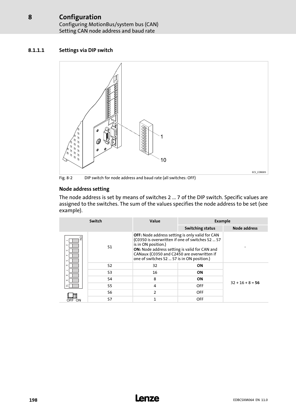 Configuration, 1 settings via dip switch | Lenze ECSCMxxx User Manual | Page 198 / 375