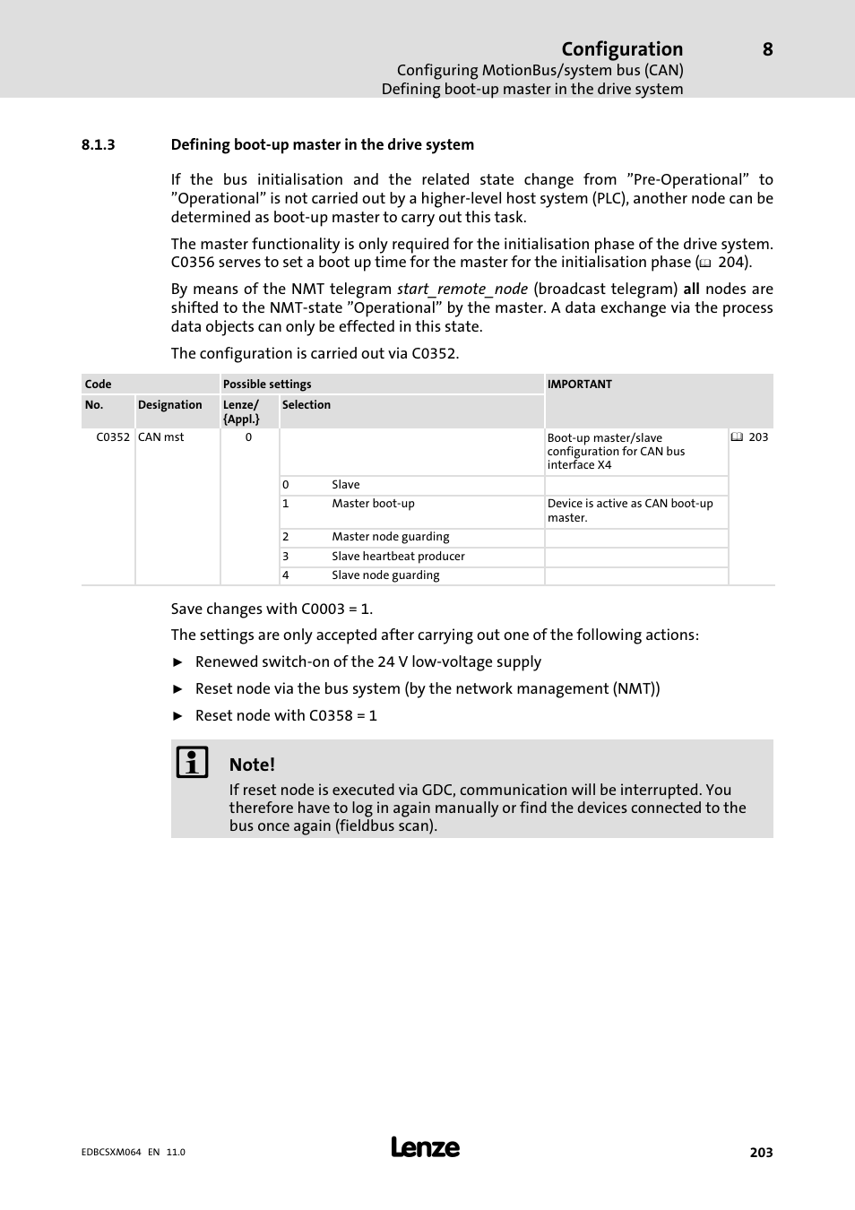 3 defining boot-up master in the drive system, Defining boot−up master in the drive system, Configuration | Lenze ECSCMxxx User Manual | Page 203 / 375