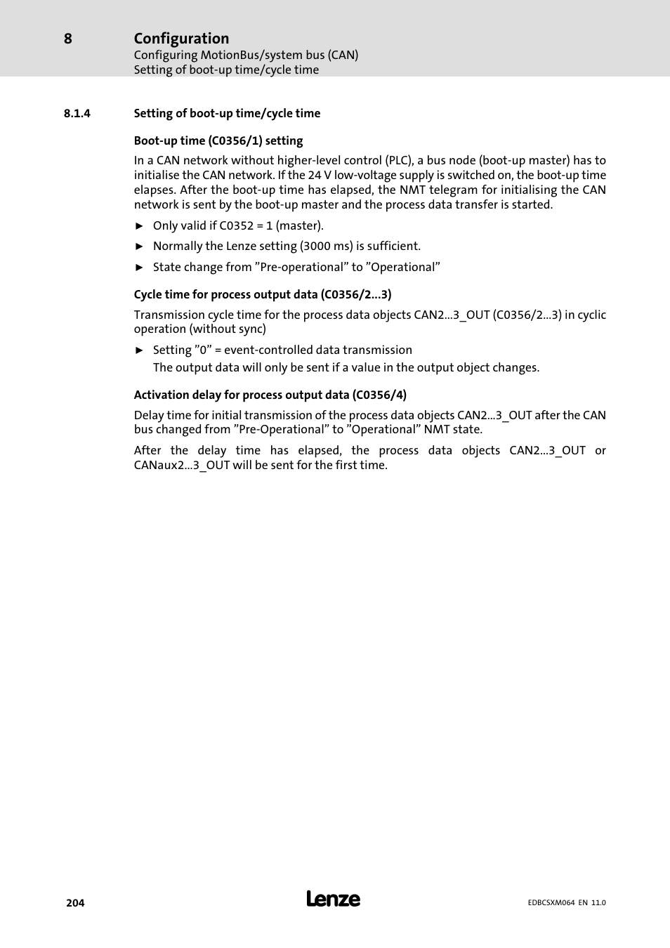 4 setting of boot-up time/cycle time, Setting of boot−up time/cycle time, Configuration | Lenze ECSCMxxx User Manual | Page 204 / 375