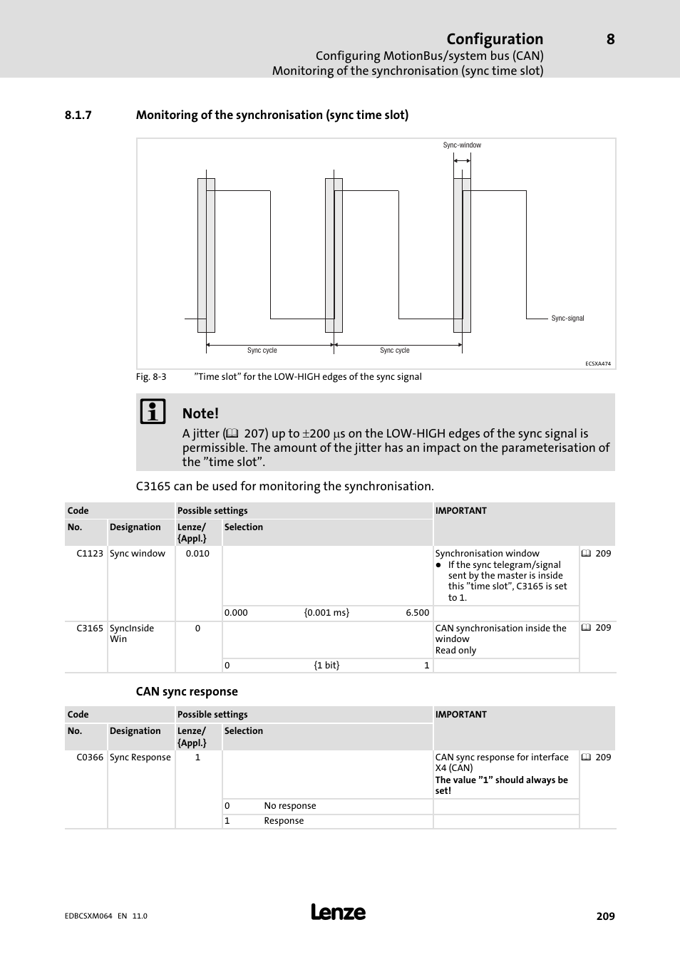 Monitoring of the synchronisation (sync time slot), Configuration | Lenze ECSCMxxx User Manual | Page 209 / 375