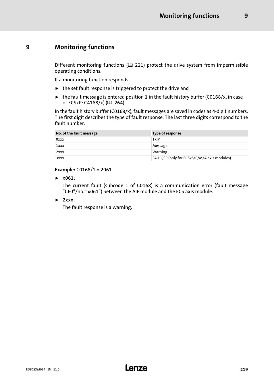 9 monitoring functions, Monitoring functions, Monitoring functions 9 | 9monitoring functions | Lenze ECSCMxxx User Manual | Page 219 / 375