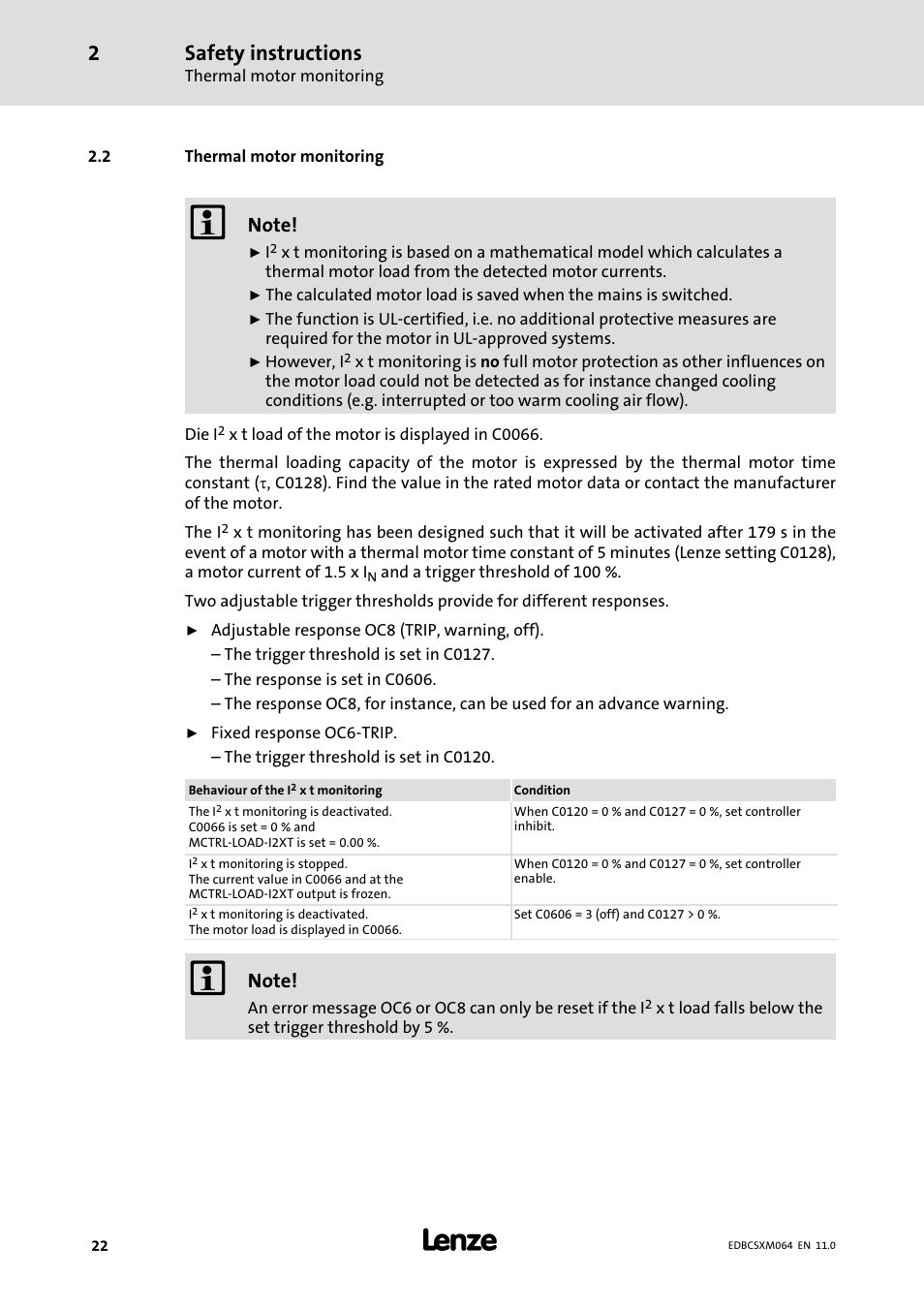 2 thermal motor monitoring, Thermal motor monitoring, Safety instructions | Lenze ECSCMxxx User Manual | Page 22 / 375