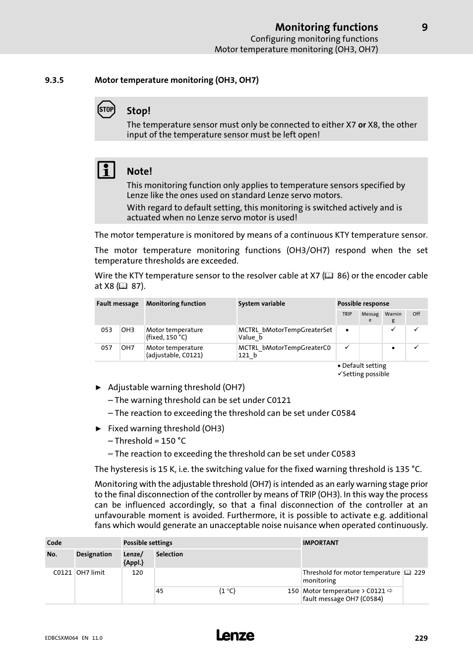 5 motor temperature monitoring (oh3, oh7), Motor temperature monitoring (oh3, oh7), Monitoring functions | Stop | Lenze ECSCMxxx User Manual | Page 229 / 375