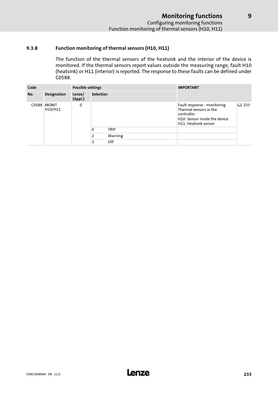 Function monitoring of thermal sensors (h10, h11), Monitoring functions | Lenze ECSCMxxx User Manual | Page 233 / 375