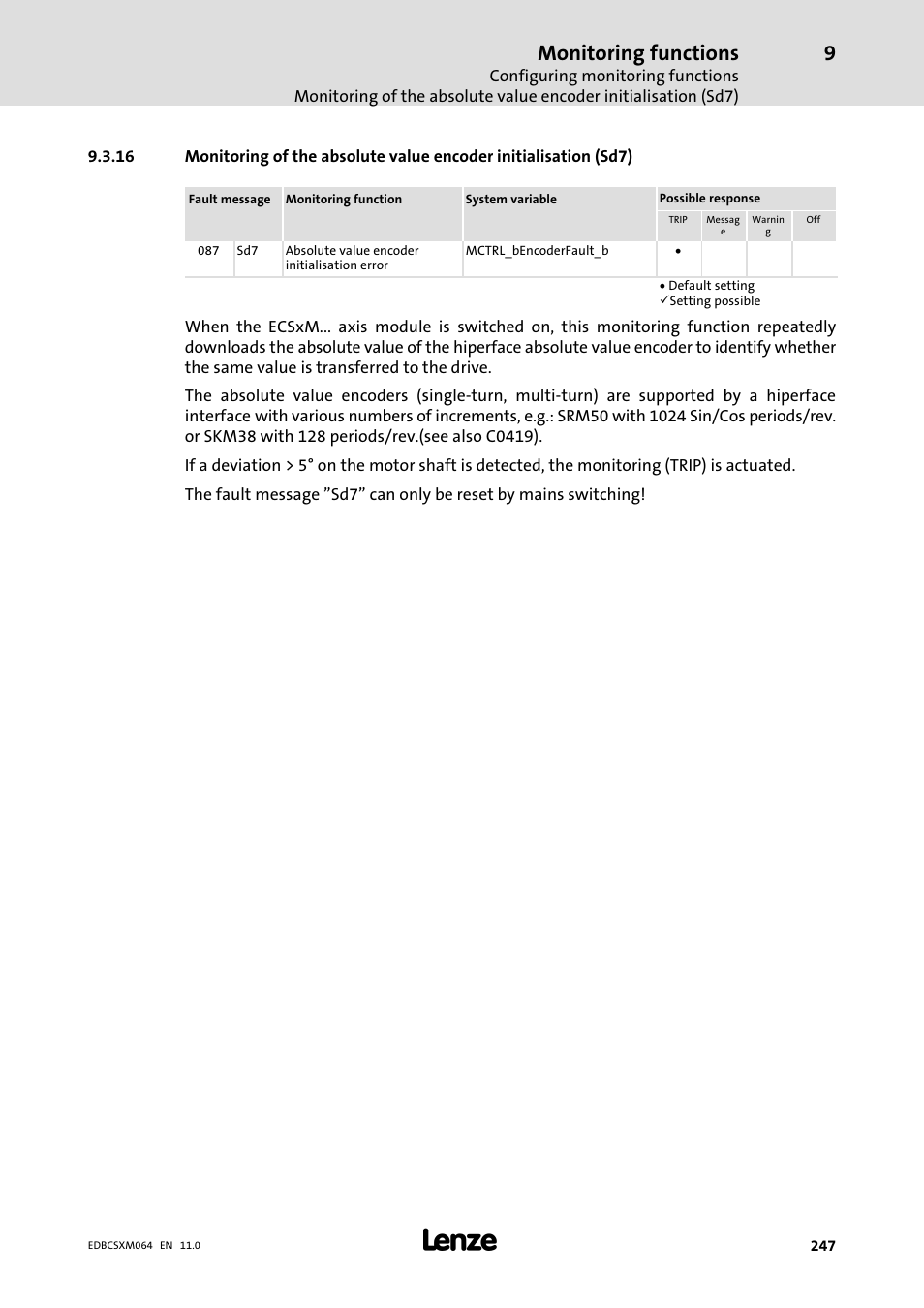 Monitoring functions | Lenze ECSCMxxx User Manual | Page 247 / 375