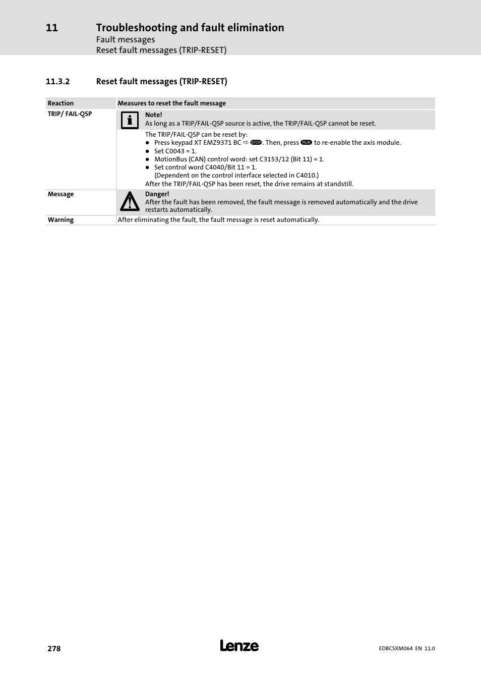 2 reset fault messages (trip-reset), Reset fault messages (trip−reset), Troubleshooting and fault elimination | Lenze ECSCMxxx User Manual | Page 278 / 375