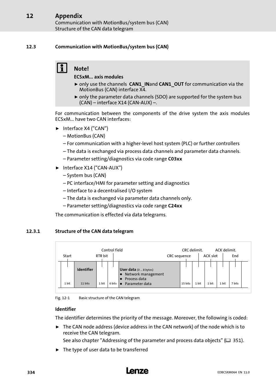 3 communication with motionbus/system bus (can), 1 structure of the can data telegram, Structure of the can data telegram | Appendix | Lenze ECSCMxxx User Manual | Page 334 / 375