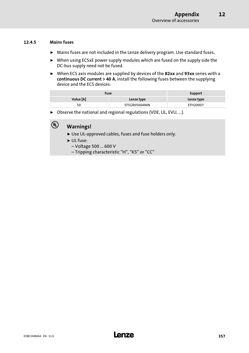 5 mains fuses, Mains fuses, Appendix | Lenze ECSCMxxx User Manual | Page 357 / 375