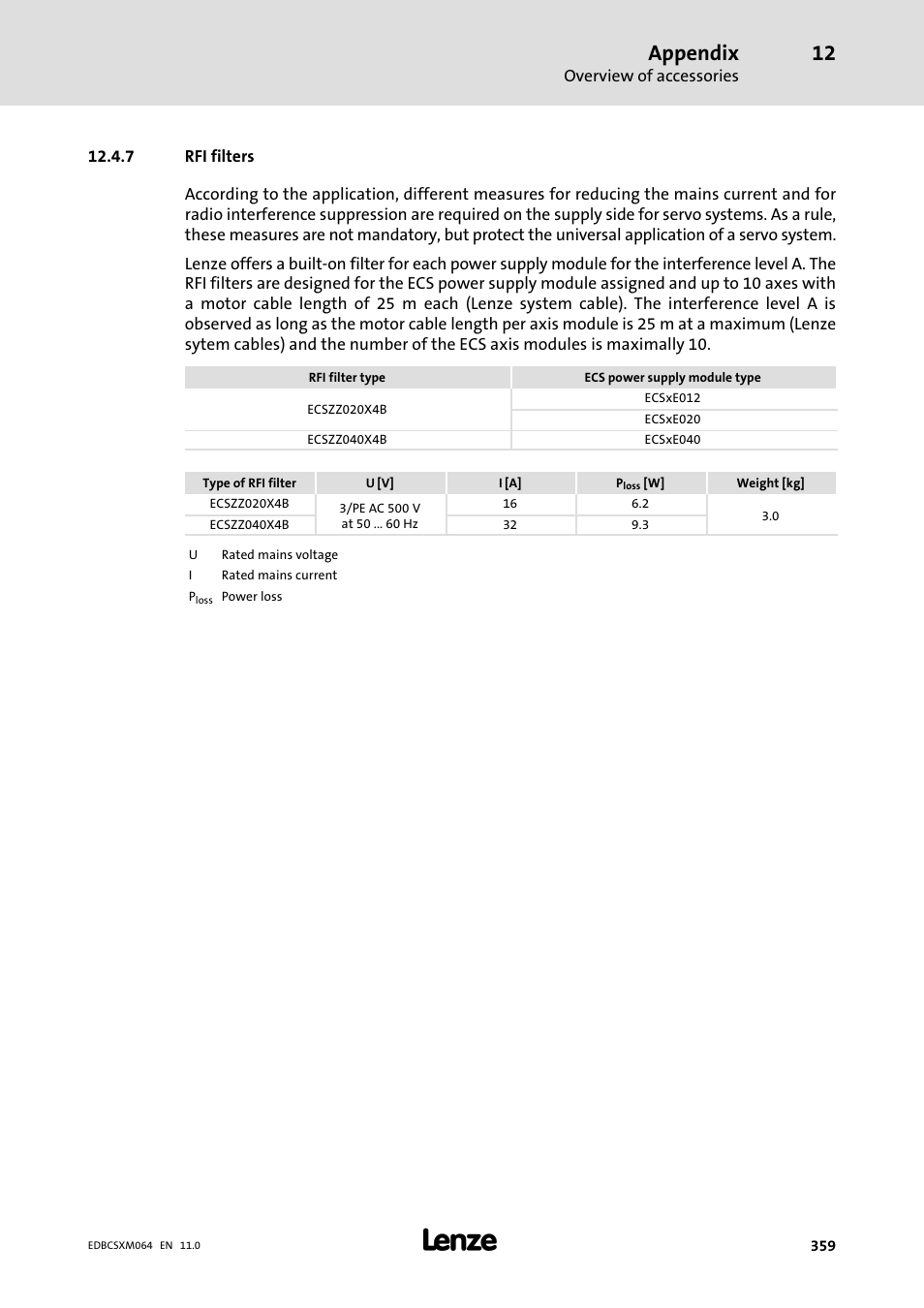 7 rfi filters, Rfi filters, Appendix | Lenze ECSCMxxx User Manual | Page 359 / 375