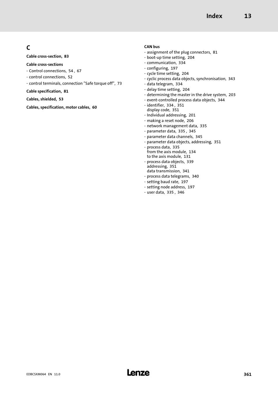 Index 13 | Lenze ECSCMxxx User Manual | Page 361 / 375