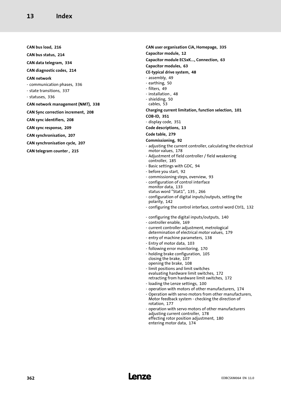 Index 13 | Lenze ECSCMxxx User Manual | Page 362 / 375