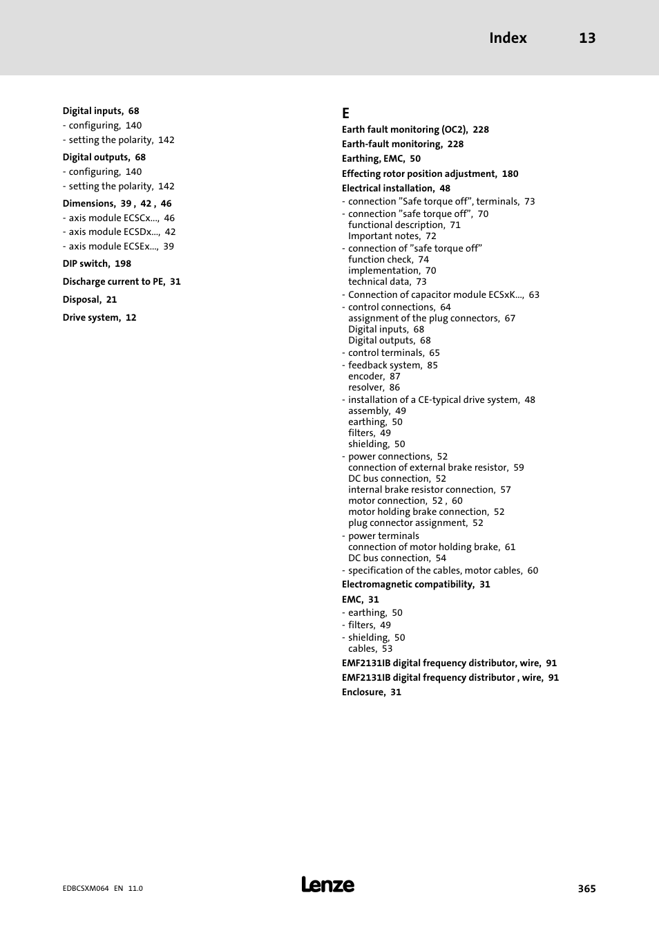 Index 13 | Lenze ECSCMxxx User Manual | Page 365 / 375