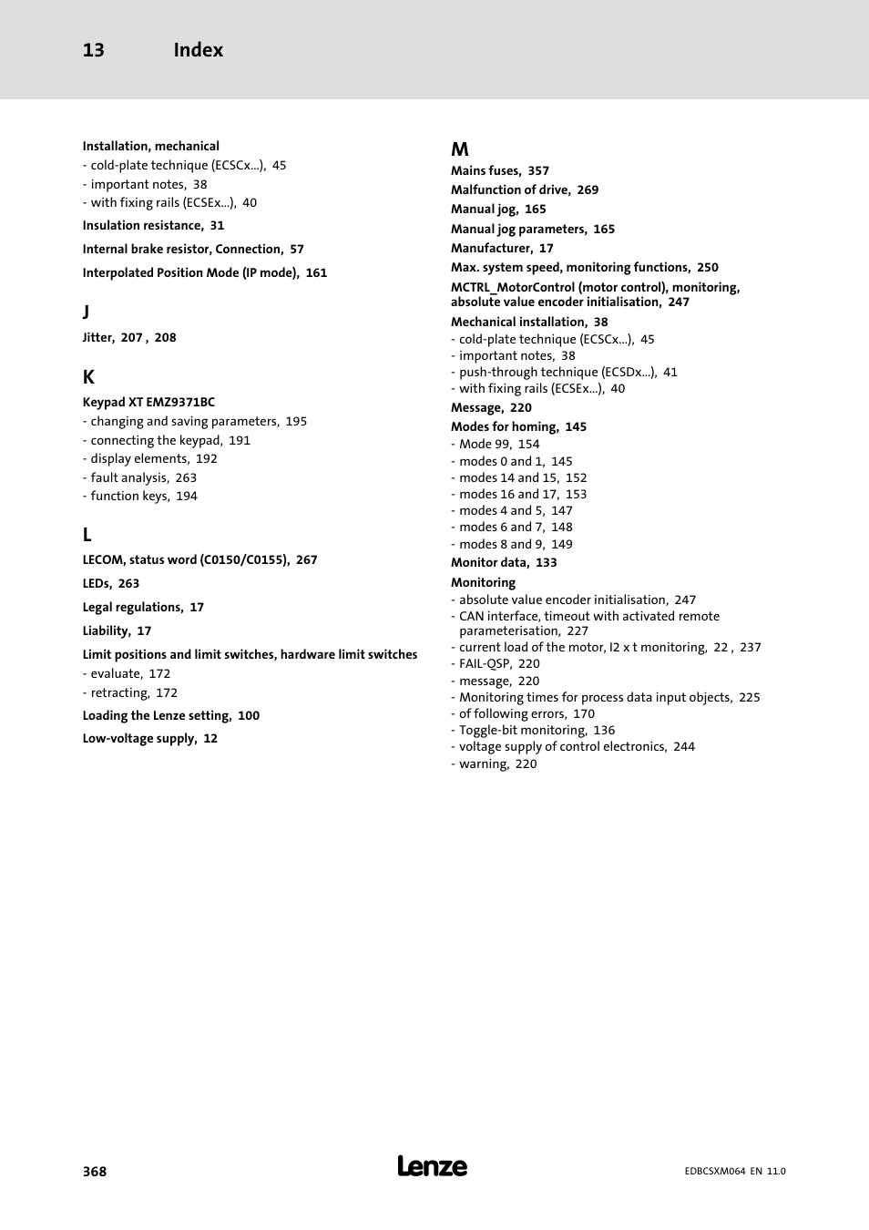 Index 13 | Lenze ECSCMxxx User Manual | Page 368 / 375