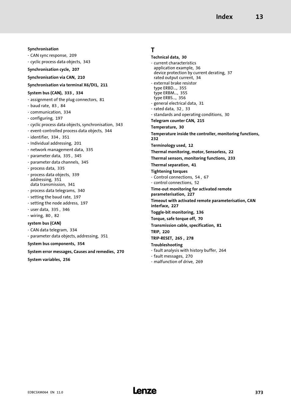 Index 13 | Lenze ECSCMxxx User Manual | Page 373 / 375