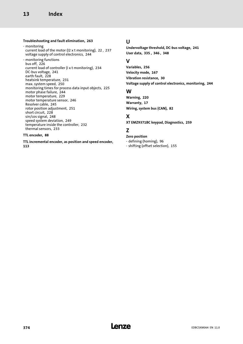 Index 13 | Lenze ECSCMxxx User Manual | Page 374 / 375