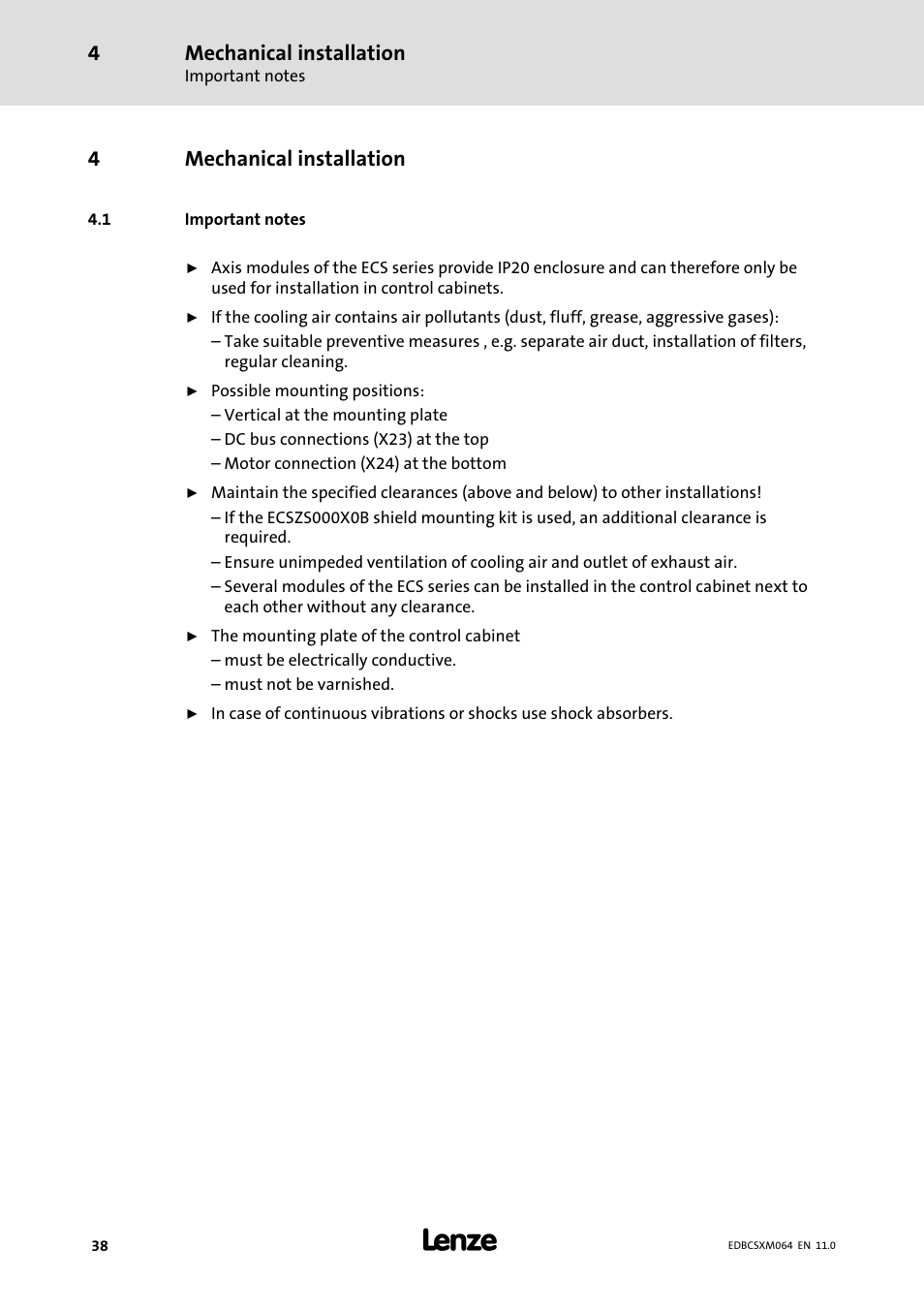 4 mechanical installation, 1 important notes, Mechanical installation | Important notes, 4mechanical installation | Lenze ECSCMxxx User Manual | Page 38 / 375