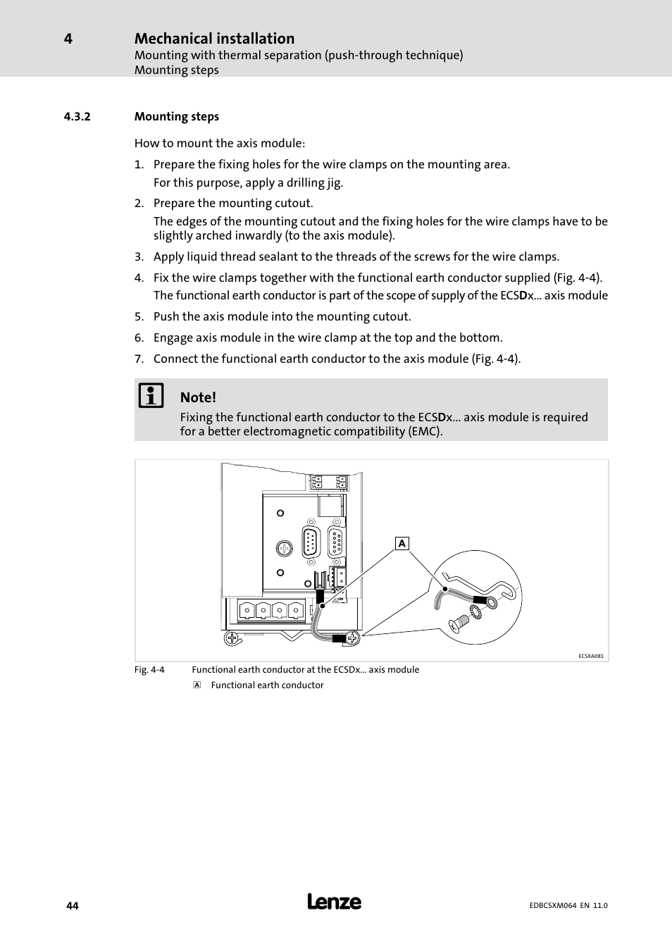 2 mounting steps, Mounting steps, Mechanical installation | Lenze ECSCMxxx User Manual | Page 44 / 375