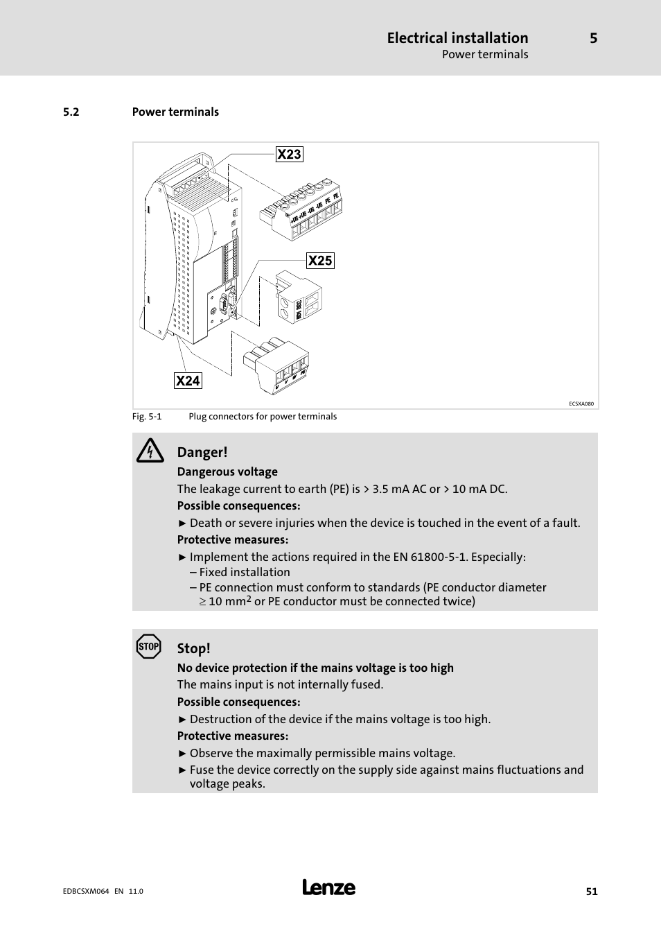 2 power terminals, Power terminals, Electrical installation | Lenze ECSCMxxx User Manual | Page 51 / 375