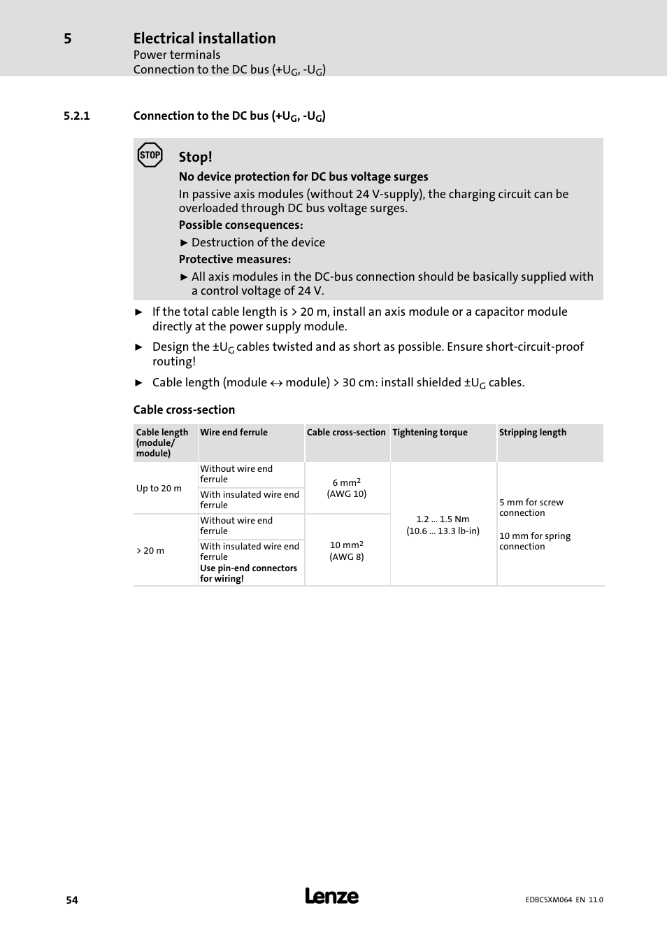 1 connection to the dc bus (+ug, -ug), Connection to the dc bus (+ug, −ug), Electrical installation | Stop | Lenze ECSCMxxx User Manual | Page 54 / 375