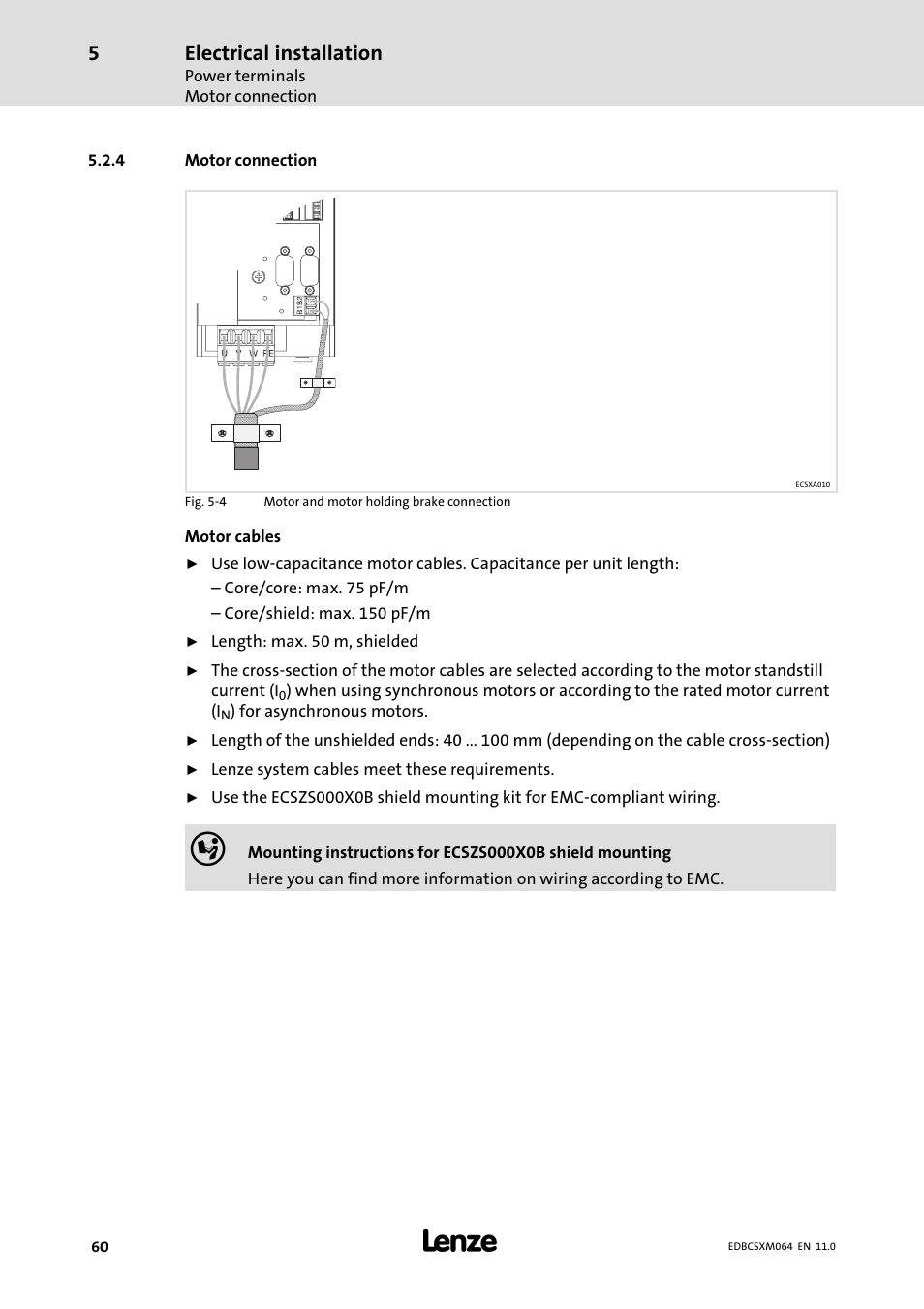 4 motor connection, Motor connection, Electrical installation | Lenze ECSCMxxx User Manual | Page 60 / 375